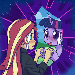 Size: 500x500 | Tagged: safe, artist:uotapo, imported from derpibooru, sunset shimmer, twilight sparkle, equestria girls, blushing, crying, dimensional cracks, duo, female, lesbian, portal, shipping, sunsetsparkle, this will end in tears and/or death, twilight sparkle (alicorn), uotapo is trying to murder us, wip, xk-class end-of-the-world scenario
