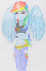 Size: 1294x1999 | Tagged: safe, artist:marta4708, imported from derpibooru, rainbow dash, human, belly button, female, humanized, midriff, pony coloring, solo, traditional art, winged humanization