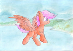 Size: 4677x3307 | Tagged: safe, artist:pzkratzer, imported from derpibooru, scootaloo, female, flying, ocean, solo, traditional art, watercolor painting