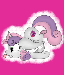 Size: 1024x1195 | Tagged: safe, artist:theartistsora, imported from derpibooru, sweetie belle, pony, cute, cutie mark, diasweetes, ear fluff, female, filly, fluffy, impossibly large ears, scootie belle, silly, silly pony, solo, the cmc's cutie marks, tongue out