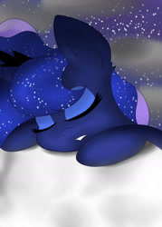 Size: 1024x1434 | Tagged: safe, artist:theartistsora, imported from derpibooru, princess luna, cute, female, moon, sleeping, solo