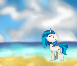 Size: 1024x878 | Tagged: safe, artist:theartistsora, imported from derpibooru, dj pon-3, vinyl scratch, beach, female, relaxing, solo