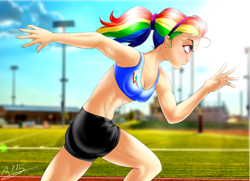 Size: 1508x1091 | Tagged: safe, artist:drizziedoodles, imported from derpibooru, rainbow dash, human, abs, clothes, female, humanized, midriff, ponytail, running, solo, spandex, sports bra, sweat, track and field