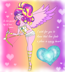 Size: 2109x2346 | Tagged: safe, artist:purfectprincessgirl, imported from derpibooru, princess cadance, equestria girls, arrow, blushing, bow, cupid, cupidance, dean cadance, female, heart arrow, ponied up, princess of love, solo, valentine's day