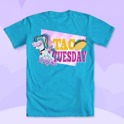 Size: 600x600 | Tagged: safe, artist:pixelkitties, imported from derpibooru, sonata dusk, pony, equestria girls, rainbow rocks, clothes, equestria girls ponified, female, food, kamina sunglasses, merchandise, ponified, shirt, solo, taco, taco tuesday