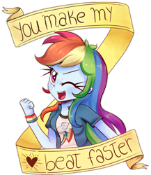 Size: 681x783 | Tagged: safe, artist:lucy-tan, imported from derpibooru, rainbow dash, equestria girls, banner, blushing, female, heart, heart eyes, looking at you, one eye closed, solo, valentine, valentine's day, wingding eyes, wink