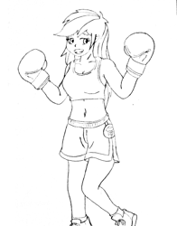 Size: 2516x3205 | Tagged: safe, artist:linedraweer, imported from derpibooru, rainbow dash, human, belly button, boxing, boxing gloves, clothes, female, humanized, midriff, monochrome, solo, sports bra