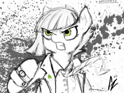 Size: 1024x768 | Tagged: safe, artist:aer0 zer0, imported from derpibooru, limestone pie, clothes, female, jacket, lineart, necktie, panel, panel art, pose, solo, splatter, teaser