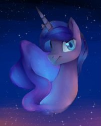 Size: 939x1167 | Tagged: safe, artist:glacierclear, imported from derpibooru, princess luna, alicorn, pony, bust, colored pupils, female, lineless, looking at you, mare, night, painting, portrait, sky, solo, stars