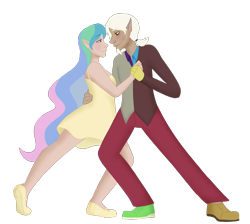 Size: 1741x1561 | Tagged: safe, artist:andressuperhell, artist:andrewbebi, imported from derpibooru, discord, princess celestia, human, clothes, dancing, dislestia, elf ears, female, humanized, male, pants, shipping, shoes, simple background, straight, transparent background