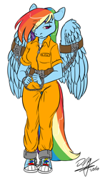 Size: 1000x1699 | Tagged: safe, artist:cskairi, imported from derpibooru, rainbow dash, anthro, b-f16, bound wings, chains, clothes, converse, cuffs, female, prison outfit, prisoner, prisoner rd, sad, shackles, shirt, shoes, sneakers, solo, undershirt