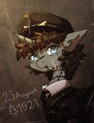 Size: 745x968 | Tagged: safe, artist:koviry, imported from derpibooru, oc, oc only, oc:cassie flyleaf, pony, unicorn, broken horn, cigarette, hat, necktie, peaked cap, portrait, scar, smoke, smoking, solo, tattoo