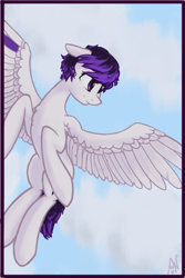 Size: 595x893 | Tagged: safe, artist:penny-wren, imported from derpibooru, oc, oc only, pony, unicorn, cloud, content, flying, happy, sky