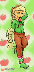 Size: 713x1500 | Tagged: safe, artist:smudge proof, imported from derpibooru, applejack, anthro, abstract background, arm behind head, female, patreon, patreon logo, sketch, solo