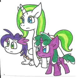 Size: 728x738 | Tagged: safe, artist:cmara, imported from derpibooru, oc, oc only, oc:benjamin, oc:edward, oc:rebecca, dracony, hybrid, interspecies offspring, offspring, parent:rarity, parent:spike, parents:sparity, siblings, traditional art