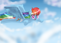 Size: 4092x2893 | Tagged: safe, artist:alexander56910, imported from derpibooru, rainbow dash, cloud, ear fluff, female, flying, sky, solo