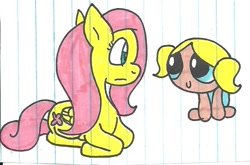 Size: 778x512 | Tagged: safe, artist:cmara, imported from derpibooru, fluttershy, bubbles (powerpuff girls), crossover, lined paper, the powerpuff girls, traditional art