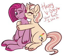 Size: 750x657 | Tagged: safe, artist:lulubell, imported from derpibooru, pinkie pie, oc, oc:lulubell, bubble berry, bubblini davinci berry, canon x oc, cheek kiss, kiss on the cheek, kissing, pinkamena diane pie, rule 63, shipping, simple background, transparent background