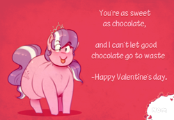 Size: 1280x887 | Tagged: safe, artist:secretgoombaman12345, imported from derpibooru, diamond tiara, ask chubby diamond, bite mark, chubby, chubby diamond, fat, implied vore, solo, tongue out, valentine, valentine's day