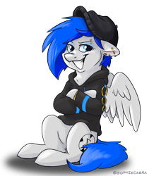 Size: 1585x1876 | Tagged: safe, artist:spainfischer, imported from derpibooru, oc, oc only, oc:sapphire sights, clothes, gauges, hat, hoodie, piercing, solo