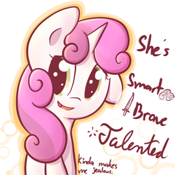 Size: 1000x1000 | Tagged: safe, artist:spikedmauler, imported from derpibooru, sweetie belle, pony, unicorn, brain, dialogue, female, go ask sweetie belle, one ear down, smiling, solo, sword, weapon
