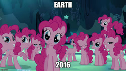 Size: 888x499 | Tagged: safe, edit, edited screencap, imported from derpibooru, screencap, pinkie pie, too many pinkie pies, c:, clone, clones, grin, head tilt, image macro, looking at you, meme, pinkie clone, raised hoof, smiling, squee, that cute clone, xk-class end-of-the-world scenario, zombie apocalypse