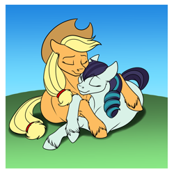 Size: 700x700 | Tagged: safe, artist:foxenawolf, imported from derpibooru, applejack, coloratura, commission, cuddling, female, lesbian, rarajack, shipping, snuggling