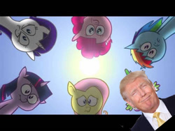 Size: 640x480 | Tagged: safe, artist:hotdiggedydemon, imported from derpibooru, applejack, fluttershy, pinkie pie, rainbow dash, rarity, spike, twilight sparkle, .mov, apple.mov, donald trump, group shot, huddle shot, mane six, op is a duck, op is on drugs, politics, pony.mov