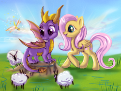 Size: 900x672 | Tagged: safe, artist:fur-kotka, imported from derpibooru, fluttershy, dragonfly, sheep, crossover, duo, sparx, sparx the dragonfly, spyro the dragon, spyro the dragon (series), this will end in fire, this will end in tears, this will end in tears and/or death, tree stump