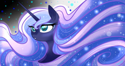Size: 1280x683 | Tagged: safe, artist:dragonfoxgirl, imported from derpibooru, princess luna, pony, alternate design, bust, ear fluff, female, mare, solo