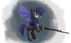 Size: 2000x1209 | Tagged: source needed, safe, artist:ncmares, imported from derpibooru, oc, oc only, oc:au hasard, bat pony, pony, armor, bayonet, flying, gun, kar98k, looking at you, mauser, night guard, rifle, royal guard, slit eyes, slit pupils, solo, weapon