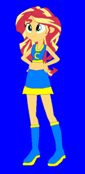 Size: 297x607 | Tagged: safe, artist:eli-j-brony, imported from derpibooru, sunset shimmer, equestria girls, 1000 hours in ms paint, belly button, blue background, boots, cheerleader, clothes, cute, female, midriff, ms paint, pixel art, shimmerbetes, simple background, skirt, solo, sports bra, sweet dreams fuel