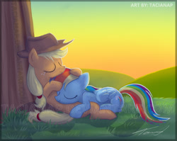 Size: 1024x817 | Tagged: safe, artist:tacianap, imported from derpibooru, applejack, rainbow dash, appledash, cuddling, female, lesbian, shipping, snuggling, sunset, tree, watermark