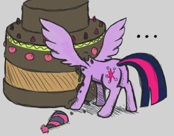 Size: 736x575 | Tagged: safe, anonymous artist, artist:ikarooz, imported from derpibooru, twilight sparkle, alicorn, pony, ..., /mlp/, cake, drawthread, female, food, hat, mare, party hat, solo, spread wings, twilight sparkle (alicorn)