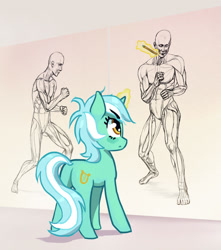 Size: 800x905 | Tagged: safe, artist:hunternif, imported from derpibooru, lyra heartstrings, human, pony, unicorn, anatomy, butt, drawing, female, lyra doing lyra things, magic, muscles, musculature, plot, realistic, solo, telekinesis, that pony sure does love humans, wall