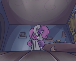 Size: 1250x1000 | Tagged: safe, artist:spikedmauler, imported from derpibooru, sweetie belle, pony, unicorn, anxious, dramatic, female, go ask sweetie belle, hair over one eye, hilarious in hindsight, low angle, scared, solo, step, trotting