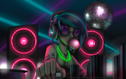 Size: 1680x1050 | Tagged: safe, artist:burning-heart-brony, imported from derpibooru, dj pon-3, vinyl scratch, equestria girls, bubblegum, disco ball, female, food, headphones, humanized, solo, speaker, speakers, turntable