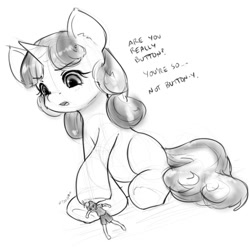 Size: 737x727 | Tagged: safe, artist:alloyrabbit, imported from derpibooru, button mash, sweetie belle, human, dialogue, humanized, micro, monochrome, pushing, sitting, sketch