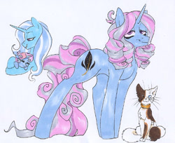 Size: 512x417 | Tagged: safe, artist:frozensoulpony, imported from derpibooru, trixie, oc, oc:somber soliloquy, cat, pony, unicorn, colt, female, male, mare, mother and son, offspring, parent:trixie, parent:unnamed oc, parents:canon x oc