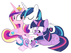 Size: 975x725 | Tagged: safe, artist:dm29, imported from derpibooru, princess cadance, princess flurry heart, shining armor, twilight sparkle, pony, spoiler:s06, auntie twilight, baby, baby pony, cooing, cute, diaper, eyes closed, giggling, julian yeo is trying to murder us, on back, open mouth, prone, simple background, smiling, transparent background