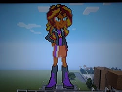 Size: 1024x768 | Tagged: safe, artist:toonalexsora007, imported from derpibooru, screencap, sunset shimmer, equestria girls, female, game screencap, minecraft, minecraft pixel art, photo, picture of a screen, pixel art, solo, statue, xbox 360
