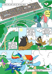 Size: 1627x2338 | Tagged: safe, artist:martinhello, imported from derpibooru, rainbow dash, oc, comic:riding the storm, cloud, comic, flying, goggles, race, sky