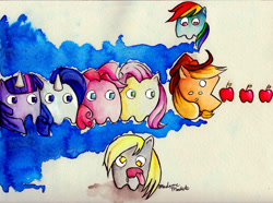 Size: 1280x953 | Tagged: safe, artist:madamemochete, imported from derpibooru, applejack, derpy hooves, fluttershy, pinkie pie, rainbow dash, rarity, twilight sparkle, ghost, pegasus, pony, apple, crossover, female, flutterghost, food, mane six, mare, pac-man, parody, traditional art, watercolor painting