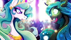 Size: 1920x1080 | Tagged: safe, artist:rariedash, imported from derpibooru, princess celestia, queen chrysalis, alicorn, changeling, changeling queen, pony, fangs, female, glowing eyes, horns are touching, open mouth, tongue out, wallpaper