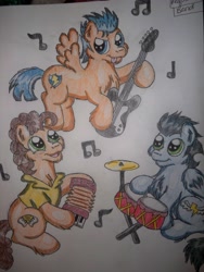Size: 2736x3648 | Tagged: safe, artist:shelby100, imported from derpibooru, cheese sandwich, flash sentry, soarin', pony, accordion, backwards cutie mark, band, chest fluff, drums, ear fluff, fluffy, guitar, musical instrument, old cutie mark, traditional art