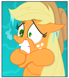 Size: 2501x2811 | Tagged: safe, artist:andypriceart, artist:doctor-derpy, imported from derpibooru, applejack, cold, female, freezing, freezing fetish, gritted teeth, icicle, shivering, solo