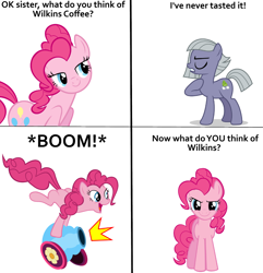Size: 1000x1039 | Tagged: safe, imported from derpibooru, limestone pie, pinkie pie, comic, commercial, implied death, party cannon, wilkins, wilkins coffee
