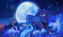 Size: 2000x1200 | Tagged: safe, artist:cassiel, imported from derpibooru, princess luna, cloud, female, moon, night, prone, smiling, solo
