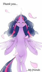 Size: 750x1280 | Tagged: safe, artist:161141, imported from derpibooru, twilight sparkle, alicorn, pony, backlighting, blushing, crying, female, floating, mare, petals, smiling, solo, twilight sparkle (alicorn)