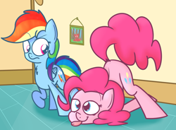 Size: 1280x940 | Tagged: safe, artist:mr-degration, imported from derpibooru, pinkie pie, rainbow dash, pony, annoyed, duo, face down ass up, silly, silly pony, tongue out